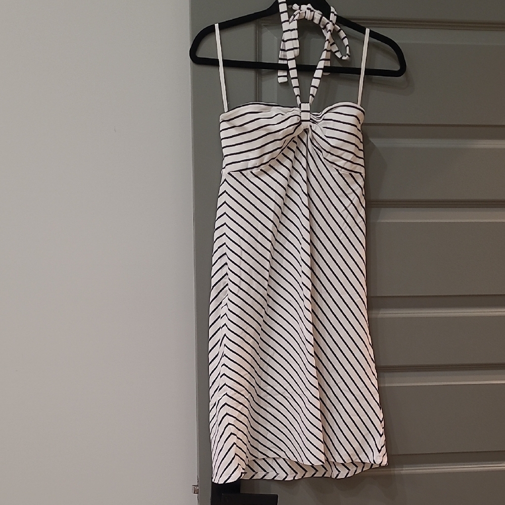 LOFT Blue and White Ruched Embellished Halter Sundress